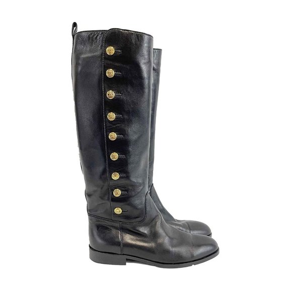 CHANEL - VINTAGE 9 CC Gold Buttons Black and Gold Leather Boots - 37 US 6.5 - Picture 1 of 12